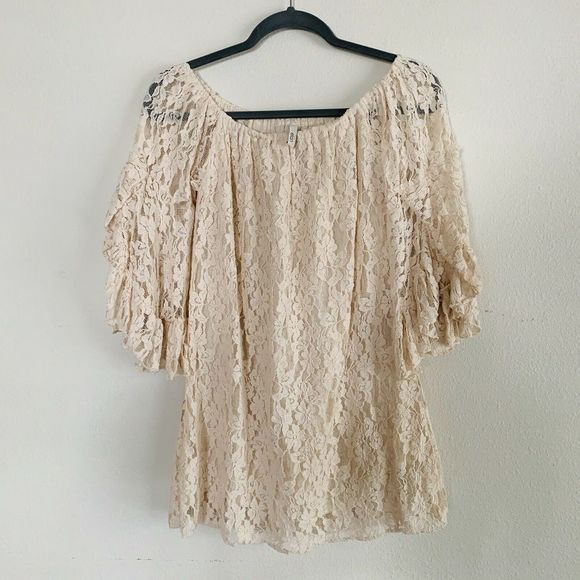 Elan Floral Lace Tunic Cream Off Shoulder Dress - Picture 2 of 7